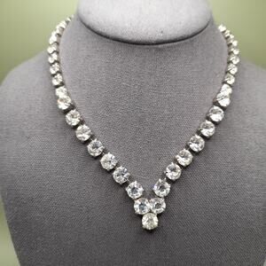 Vintage 1970s Clear Rhinestone Prong Set Wedding Formal Necklace, 15 1/2 In